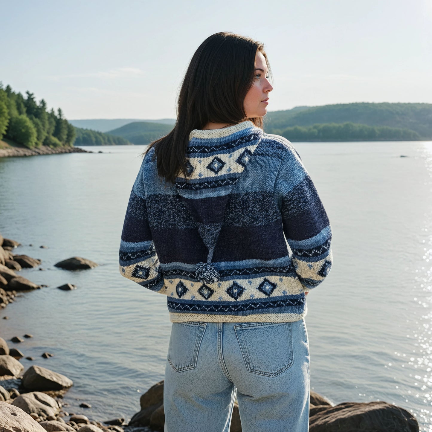 Yak Wool Pixie Hood Fleece Lined Jacket – Navy & Blue Fair Isle | Handmade Warm Winter Hoodie