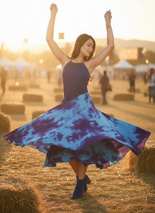 Full Circle Tie Dye Skirt – Ultra Swishy Boho Skirt with Elasticated Waist (Blue/Purple Multi)