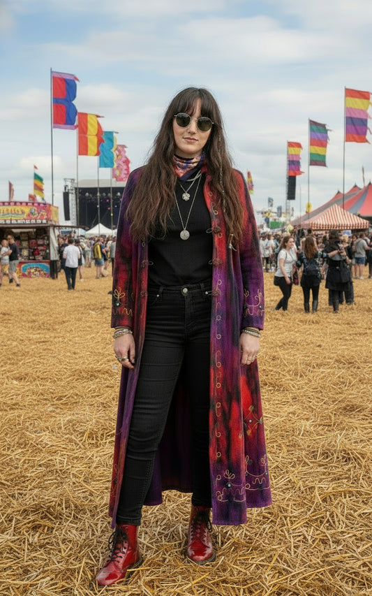 Bohemian Cotton Velvet Embroidered Coat – Long Tie-Dye Jacket in Red and Purple 🍂