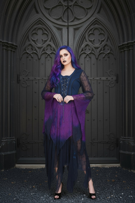 Navy & Purple Medieval Sleeve Lace-Up Chiffon Dress with Handkerchief Hem