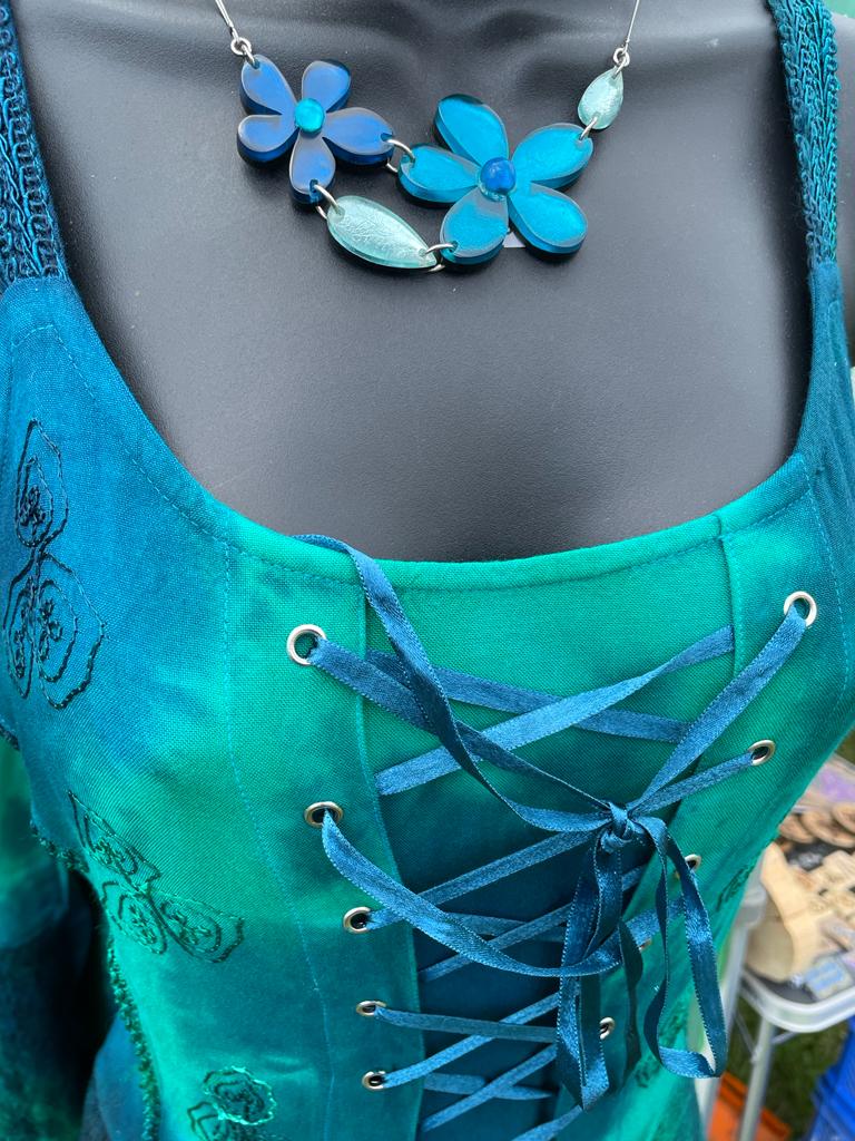 Teal Green Lace Up Dress – Boho Fit and Flare Maxi with Handkerchief Hem