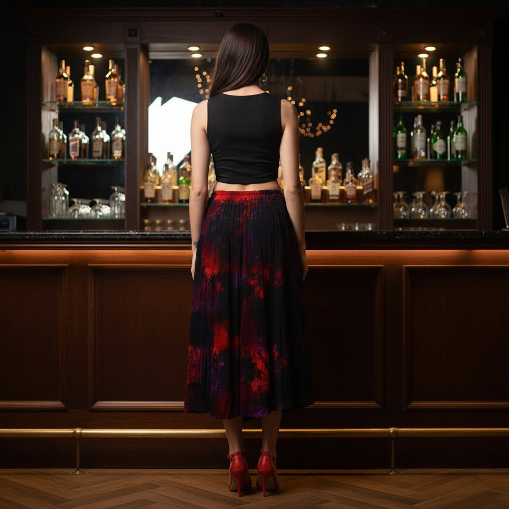 Ashton Skirt – Boho Dip Dye Chiffon Skirt in Rich Red, Navy & Purple with Bell Tie Waist