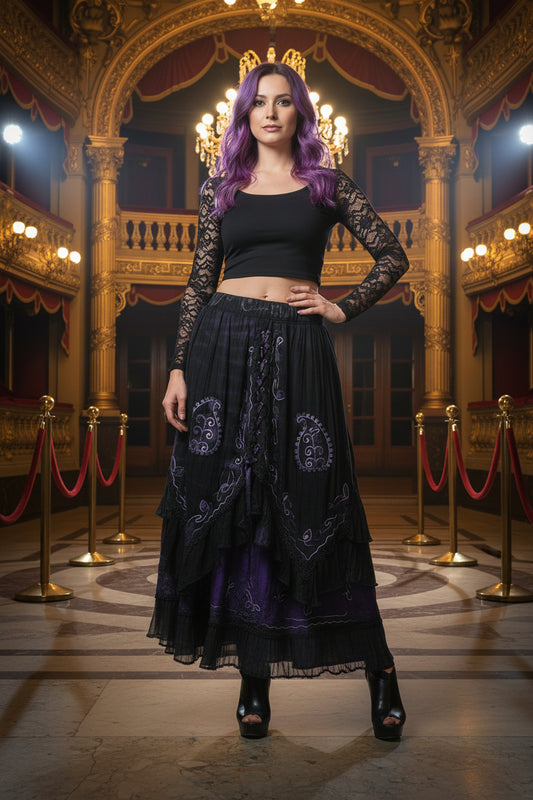 Purple Bohemian Two-Layer Skirt with Chiffon Overlay