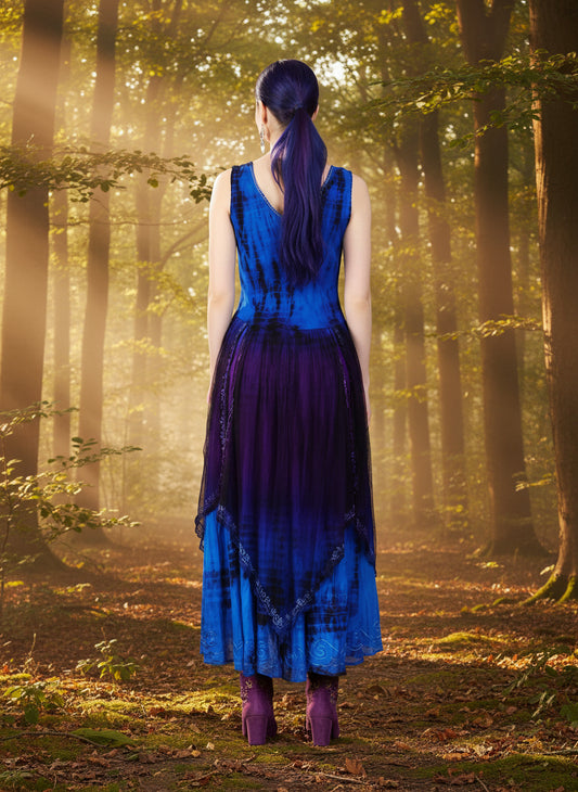 🧚 Fairy Dress – Blue Purple Fantasy Maxi Dress with Stretch Bodice & Chiffon Overlay