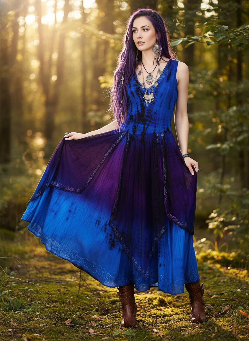 Fairy Dress Blue Purple Fantasy Maxi Dress with Stretch Bodice & C Fairy Dress Blue Purple Fantasy Maxi Dress with Stretch Bodice & C