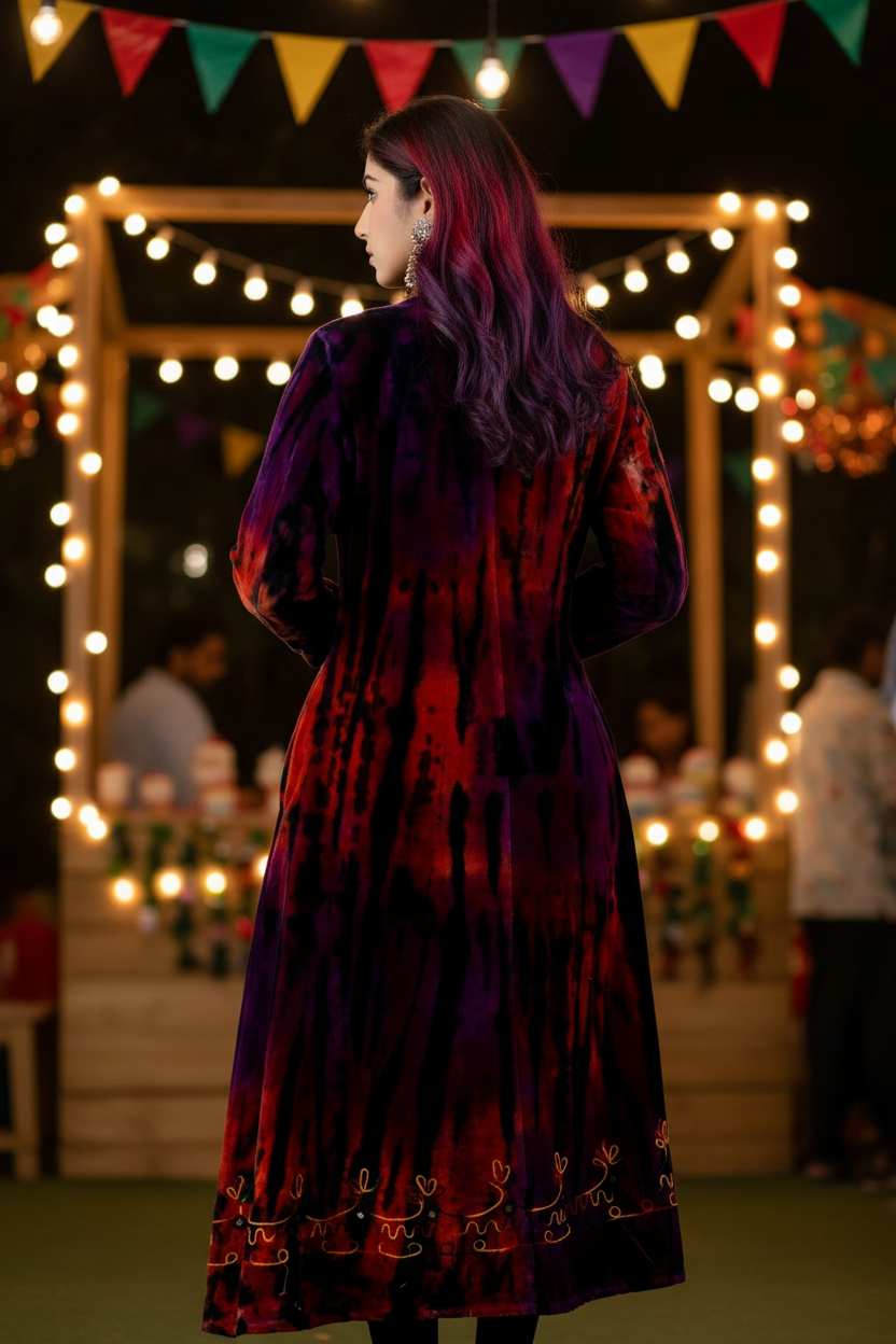 Bohemian Cotton Velvet Embroidered Coat – Long Tie-Dye Jacket in Red and Purple 🍂
