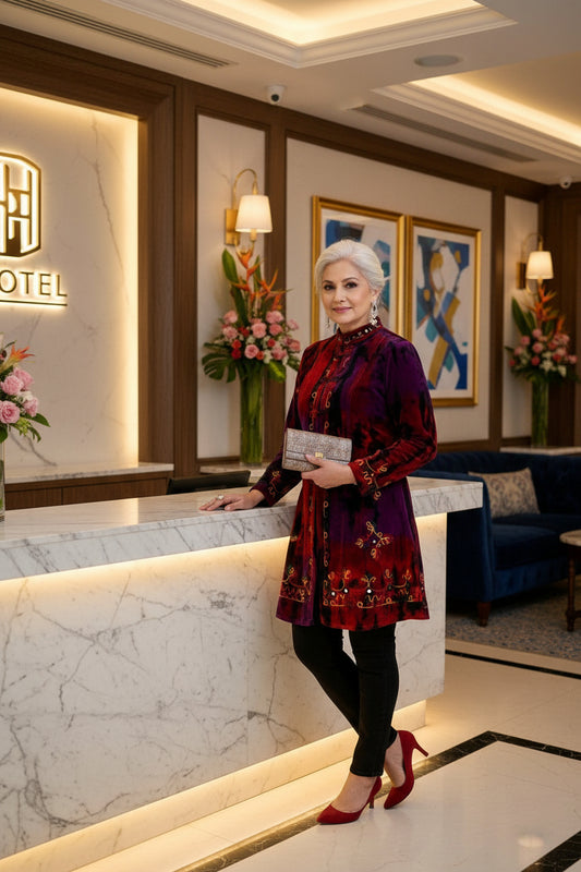 Bohemian Velvet Coat with Rainbow Embroidery - Purple & Red Autumn Multi 🍁 🍂