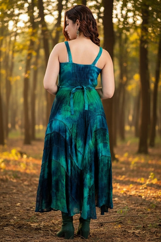 Teal Green Lace Up Dress – Boho Fit and Flare Maxi with Handkerchief Hem