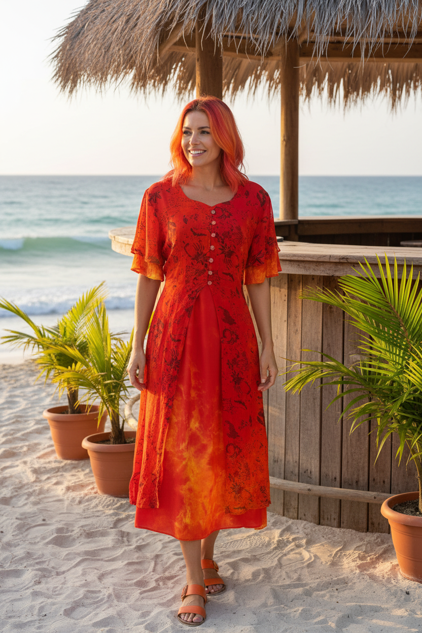 Suzanna Dress – Fire Orange Tie Dye Midi Dress with Chiffon Overlay Jacket (3/4 Length Mid Shin)
