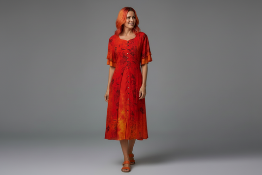 Suzanna Dress – Fire Orange Tie Dye Midi Dress with Chiffon Overlay Jacket (3/4 Length Mid Shin)