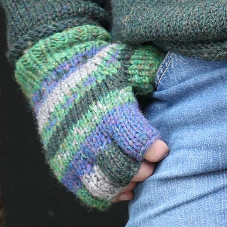 Fleece - Lined Handmade Wool Fingerless Gloves - Earthy Greens and Blues