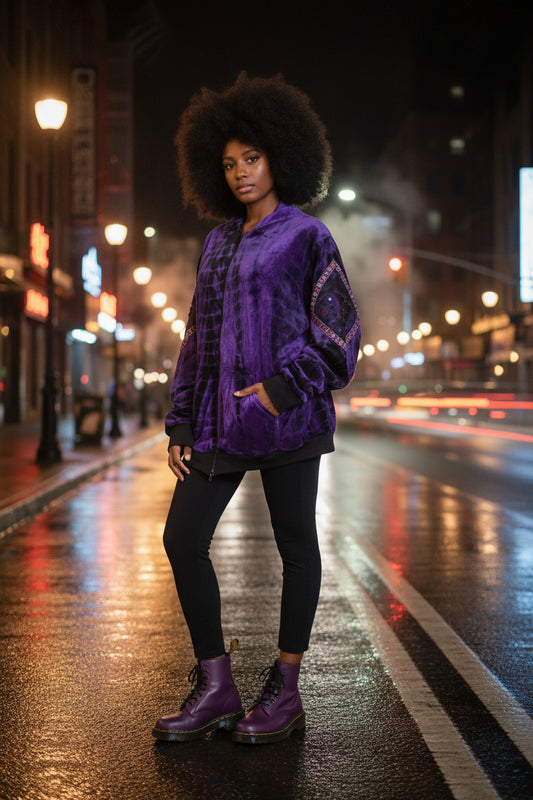 Purple Crushed Velvet Hoodie – Bohemian Zip Jacket with Embroidered Sleeves 💜