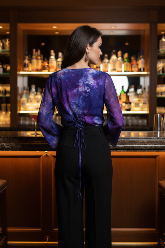 Sandra Top – Purple Tie-Dye Chiffon Tunic with Corset Back