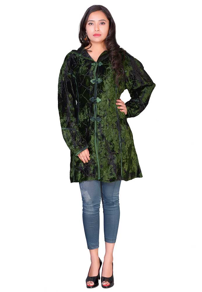 Forest Green Crushed Velvet Hooded Jacket