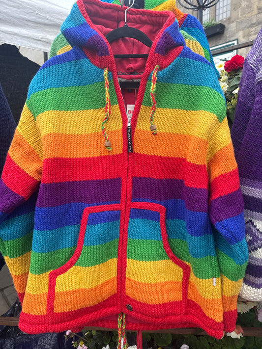 Yak Thick Wool Rainbow Fleece Lined Jacket Hoody with Detachable Hood
