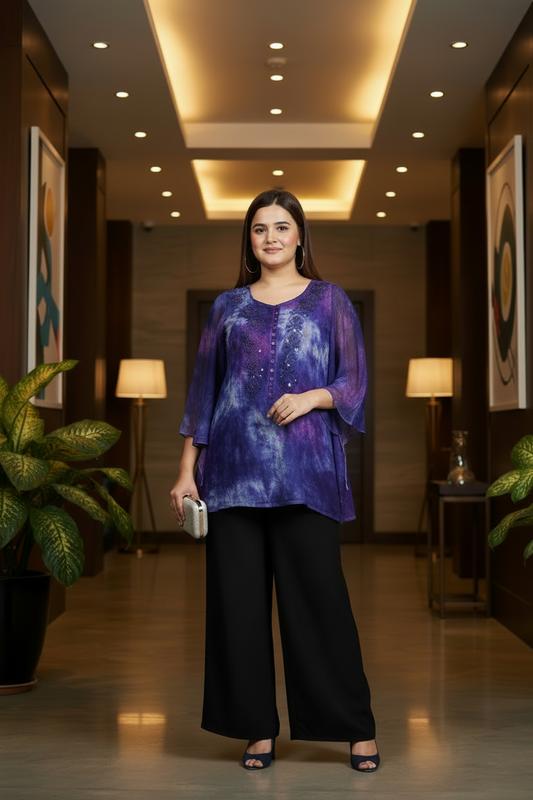 Sandra Top – Purple Tie-Dye Chiffon Tunic with Corset Back