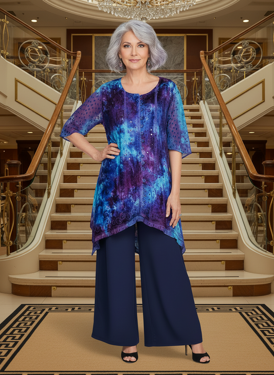 Velvet Tunic Top Turquoise Blue Purple - Handkerchief hem