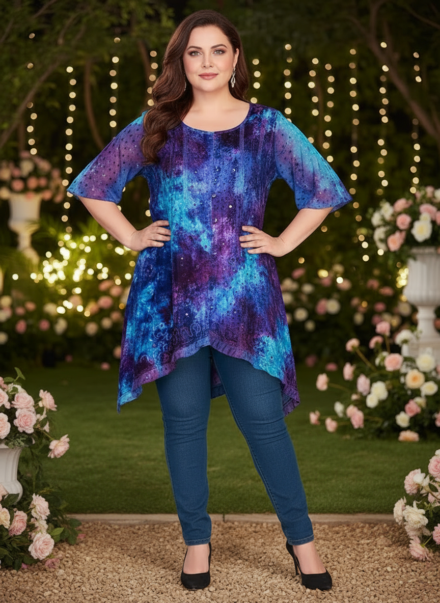 Velvet Tunic Top Turquoise Blue Purple - Handkerchief hem