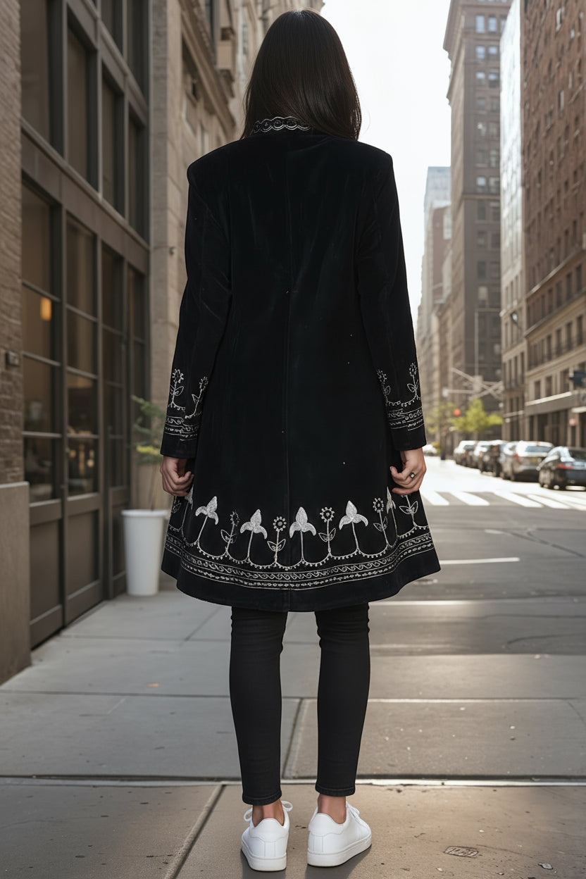 Black Cotton Velvet Embroidered Coat – Boho Elegance 3/4 Length