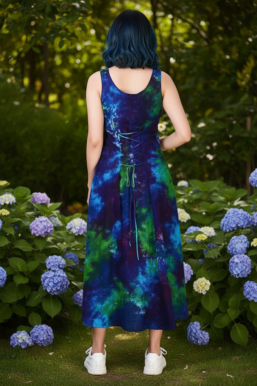 Blue & Green Tie-Dye Chiffon Summer Dress with Corset Back