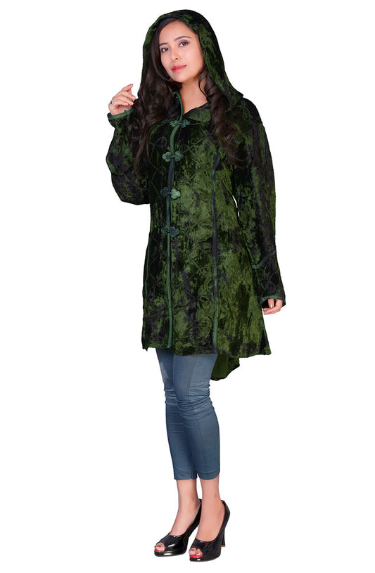 Forest Green Crushed Velvet Hooded Jacket