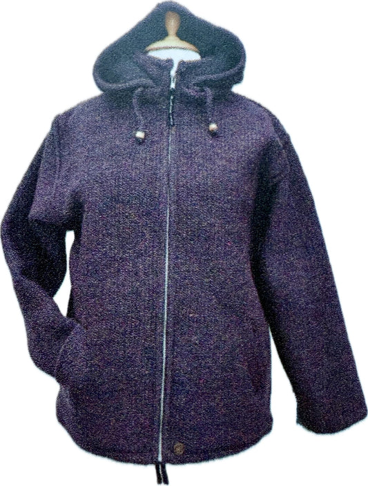 Yak Thick Wool Fleece Lined Purple Hoody - Jacket with Detachable Hood