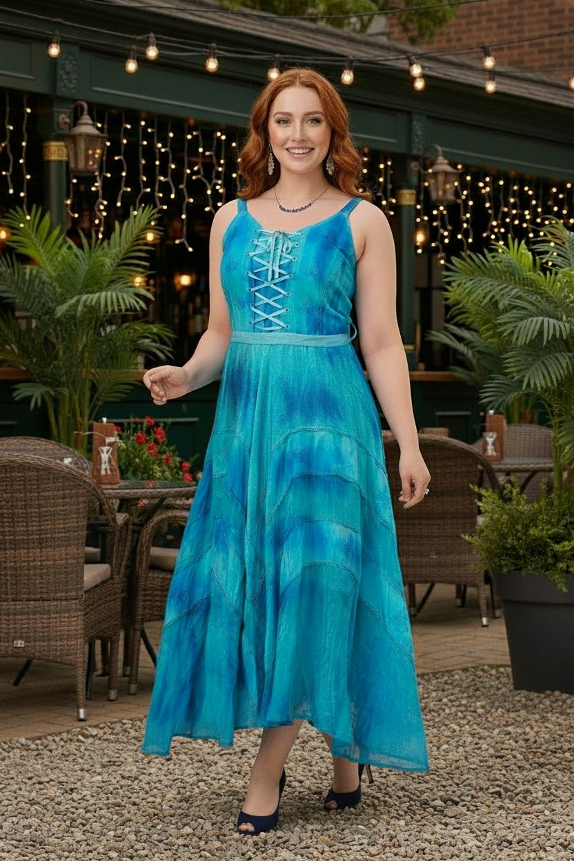 Turquoise Lace Up Dress Boho Handkerchief Hem Festival Maxi Dress SM fits approx 10-14 Turquoise Lace Up Dress Boho Handkerchief Hem Festival Maxi Dress SM fits approx 10-14