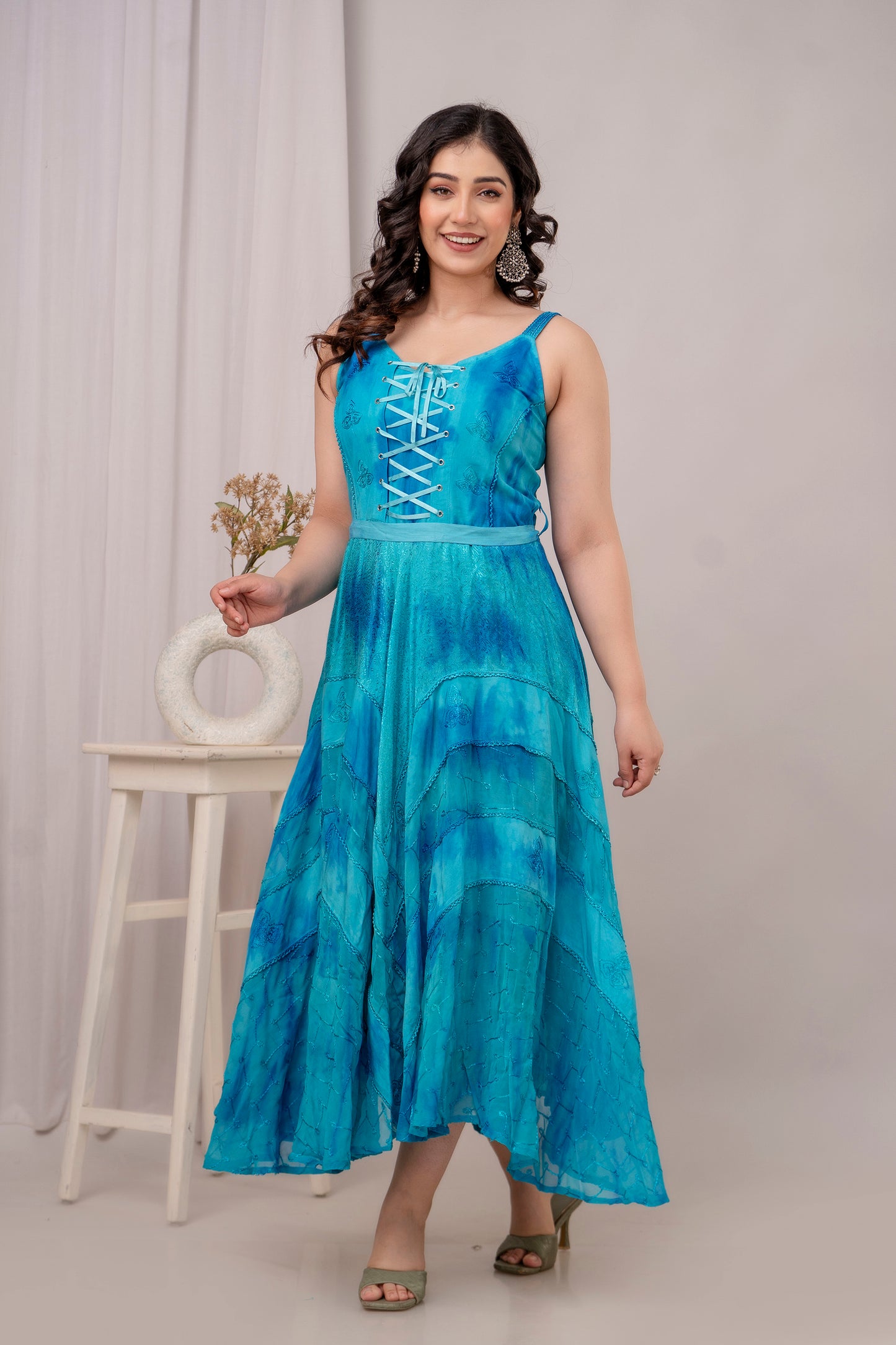 Lace Up Dress Turquoise 3/4 length