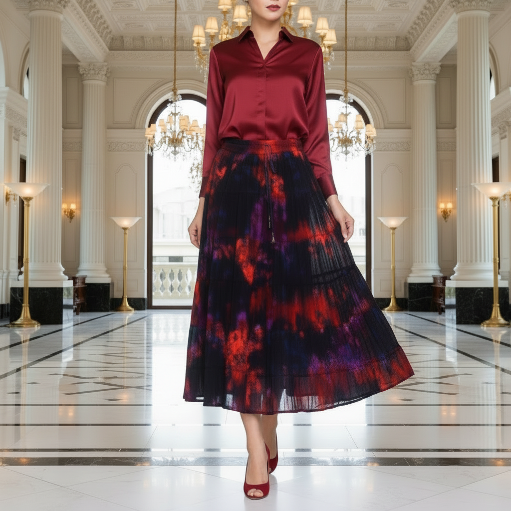 Ashton Skirt – Boho Dip Dye Chiffon Skirt in Rich Red, Navy & Purple with Bell Tie Waist