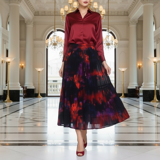 Ashton Skirt – Boho Dip Dye Chiffon Skirt in Rich Red, Navy & Purple with Bell Tie Waist