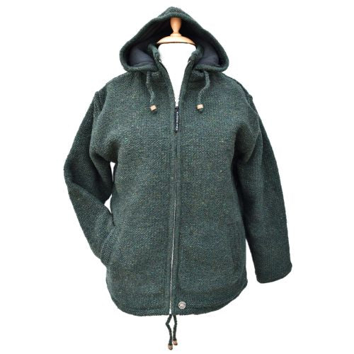 Yak Thick Wool Fleece Lined Green Hoody - Jacket with Detachable Hood
