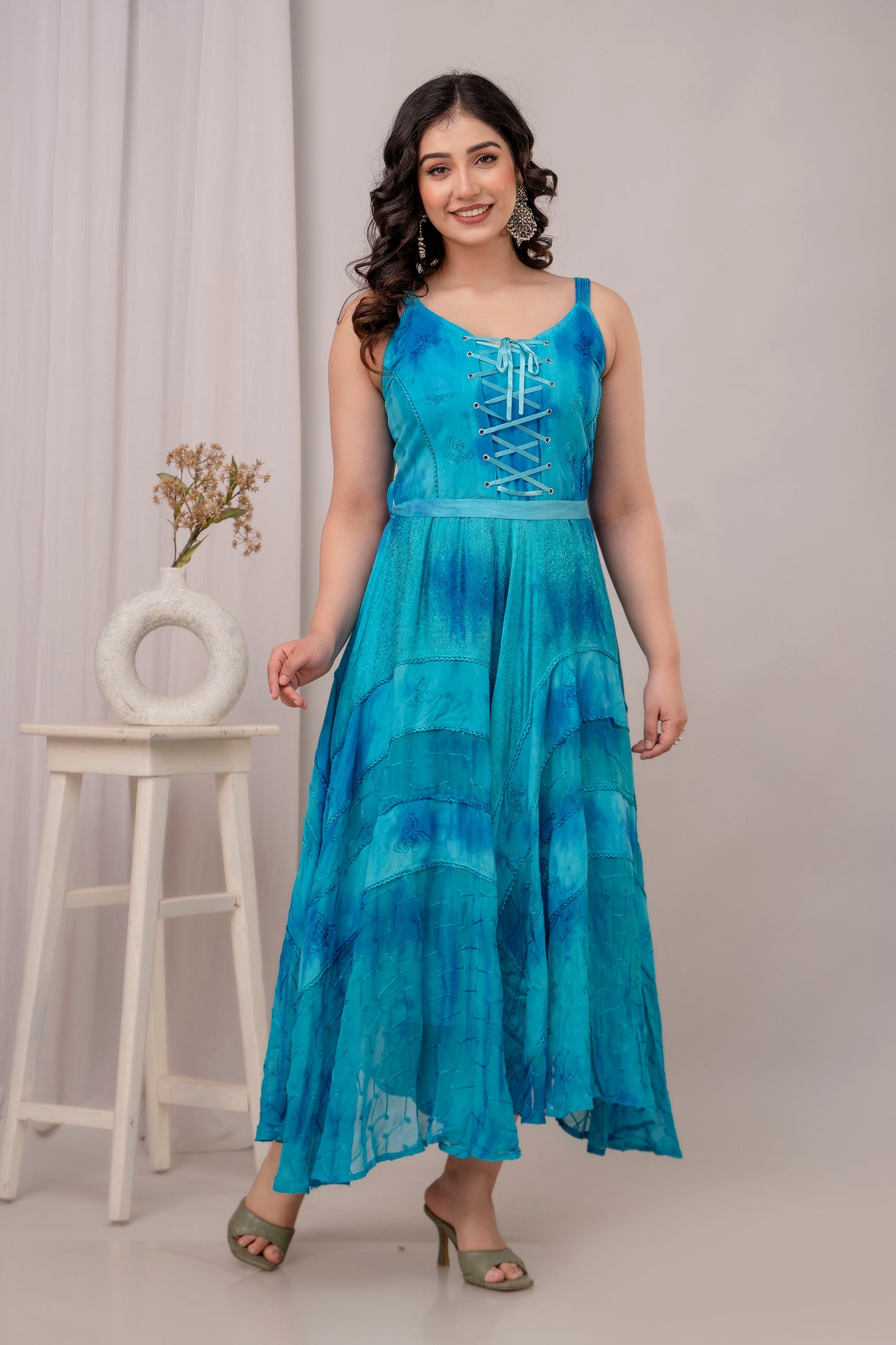 Lace Up Dress Turquoise 3/4 length