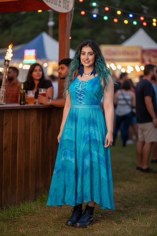 Turquoise Lace Up Dress – Boho Handkerchief Hem Festival Maxi Dress