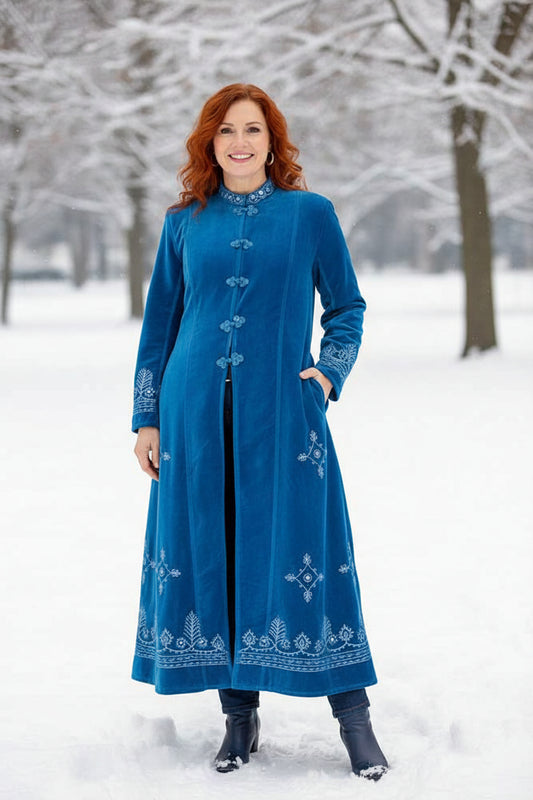 Turquoise Embroidered Long Velvet Coat