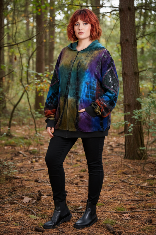 Crushed Velvet Zip Up Hoodie – Multicolour Tie-Dye Jacket with Embroidered Detail 🍁 🍂
