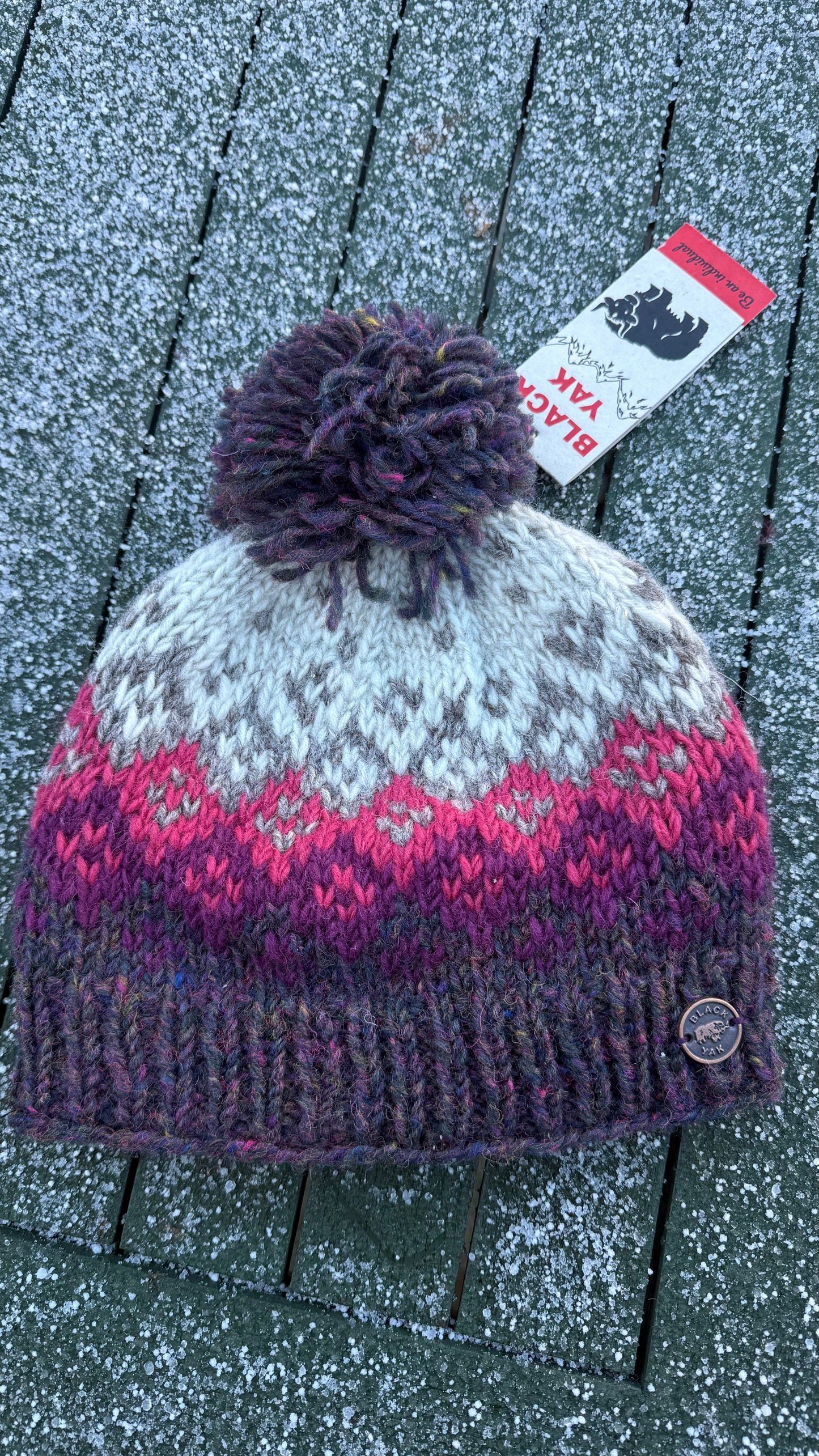 Yak Wool Fair Isle Style Bobble Hat – Burgundy, Berry & Grey Winter Hat