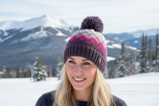 Yak Wool Fair Isle Style Bobble Hat – Burgundy, Berry & Grey Winter Hat