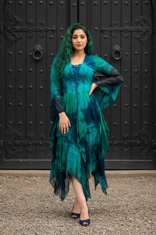 Medieval Sleeve Fairy Dress - Teal Green & Navy Stretch Lace Up Bodice