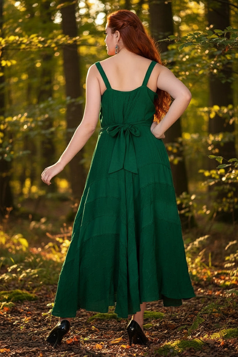 Forest Green Lace Up Dress – Boho Fit and Flare Maxi with Handkerchief Hem