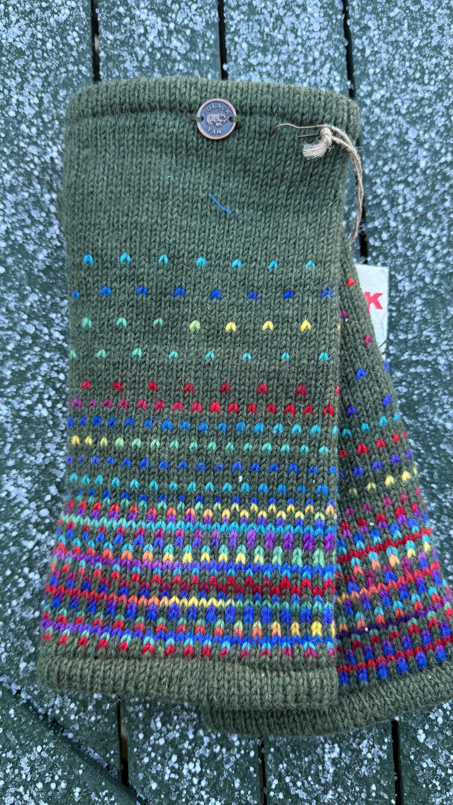 Yak Wool Fleece Lined Hand & Wrist Warmers – Forest Green with Multicolour Stitch