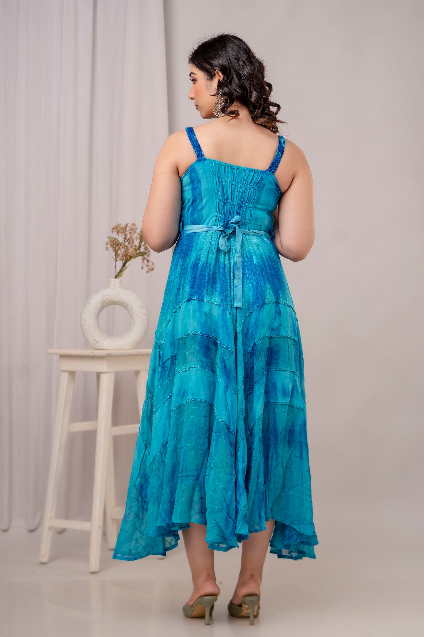 Lace Up Dress Turquoise 3/4 length