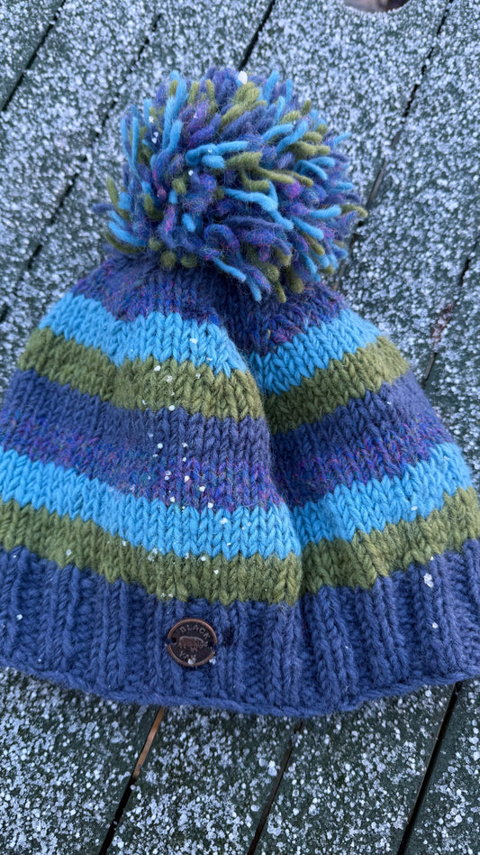 Yak Wool Fair Trade Fleece Lined Bobble Hat – Blue & Green Stripe