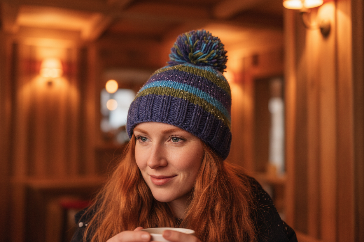 Yak Wool Fair Trade Fleece Lined Bobble Hat – Blue & Green Stripe