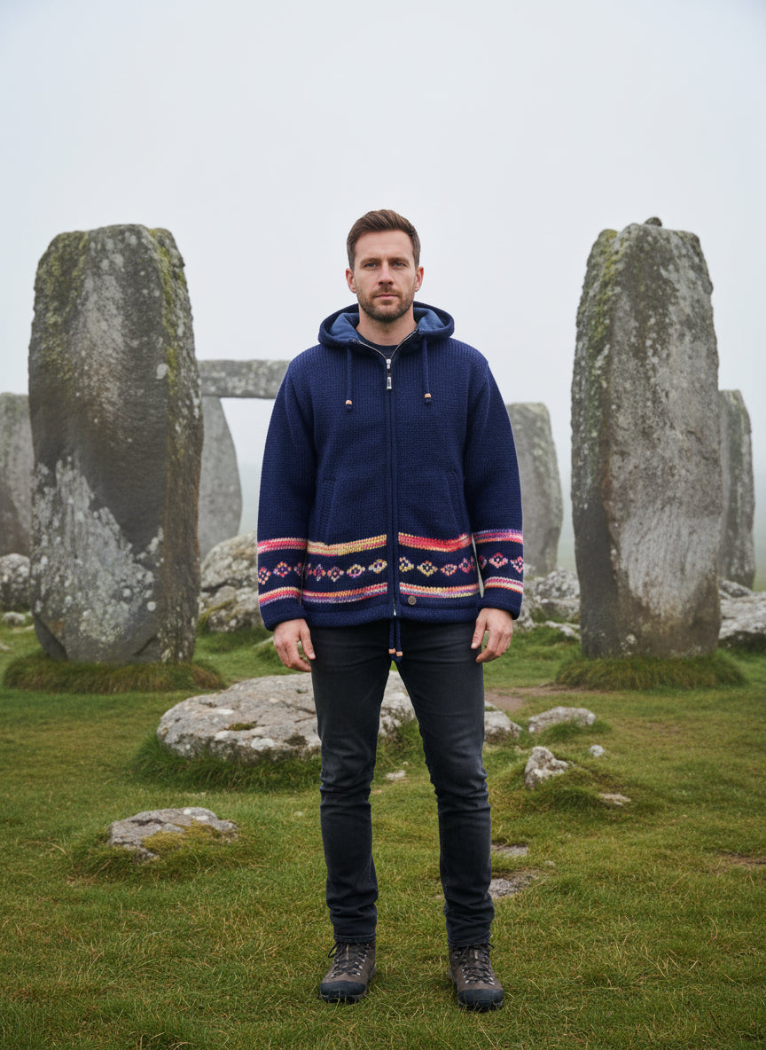 Yak Thick Wool Fleece Lined Jacket Hoody Blue - Detachable Hood