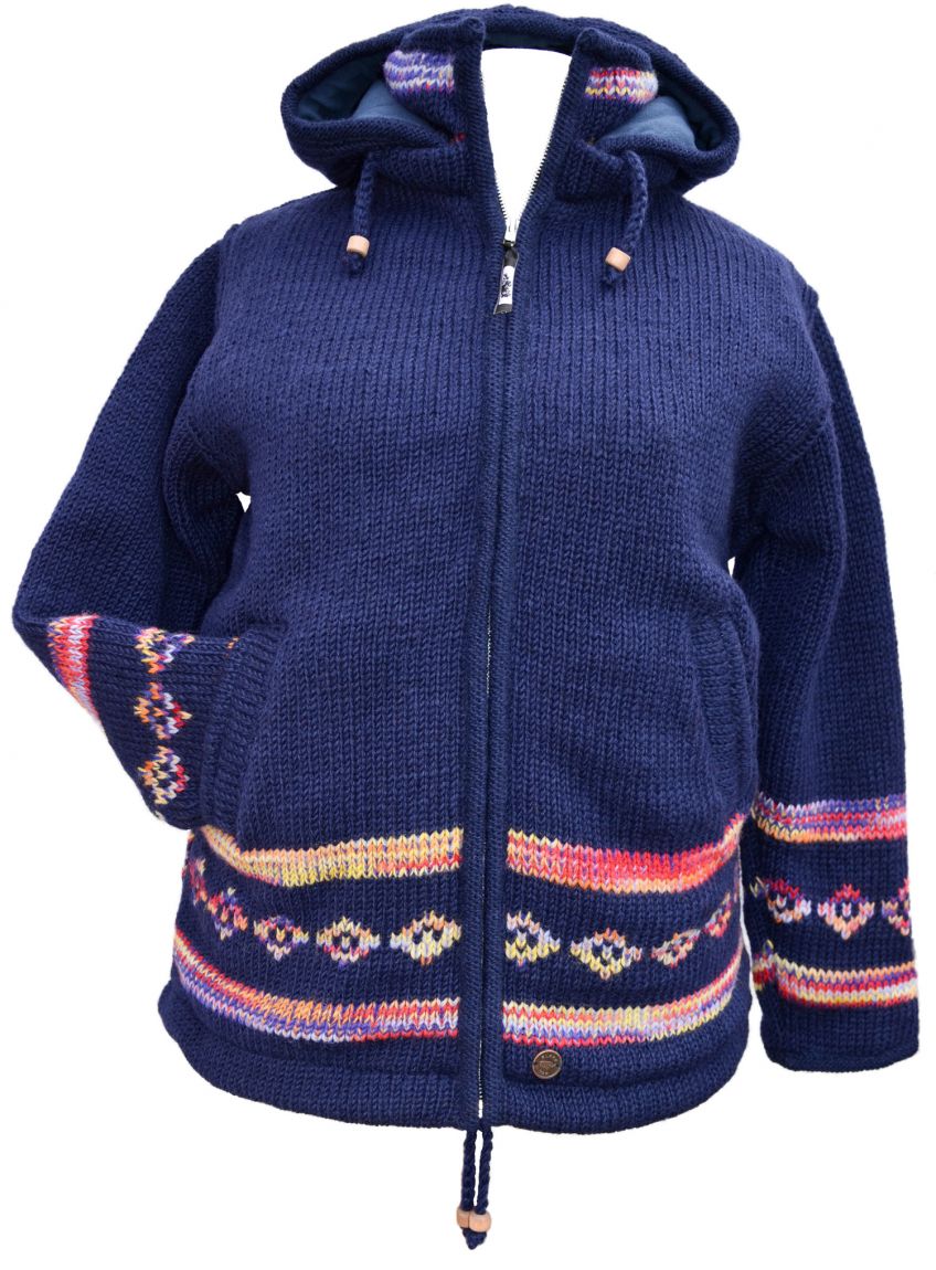 Yak Thick Wool Fleece Lined Jacket Hoody Blue - Detachable Hood