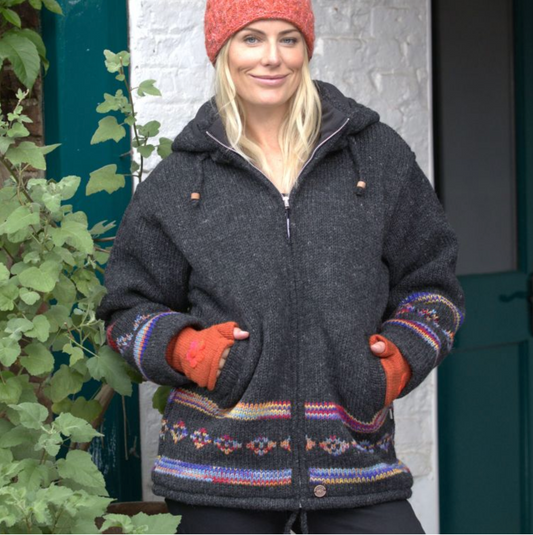 Yak Thick Wool Fleece Lined Jacket Hoody Charcoal Grey - Detachable Hood