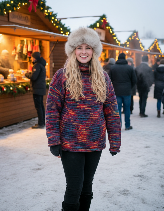 Yak Thick Wool Jumper - Burgundy Multicoloured