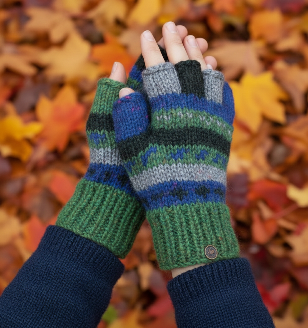 Hand-Knitted Wool Fingerless Gloves – Fleece Lined for Extra Warmth Green and Blue