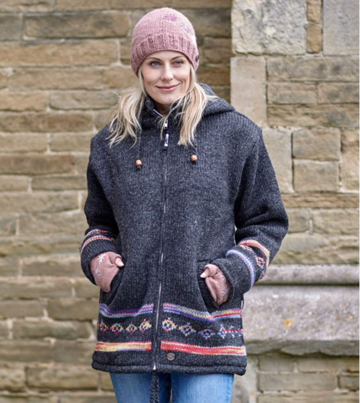 Yak Thick Wool Fleece Lined Jacket Hoody Charcoal Grey - Detachable Hood