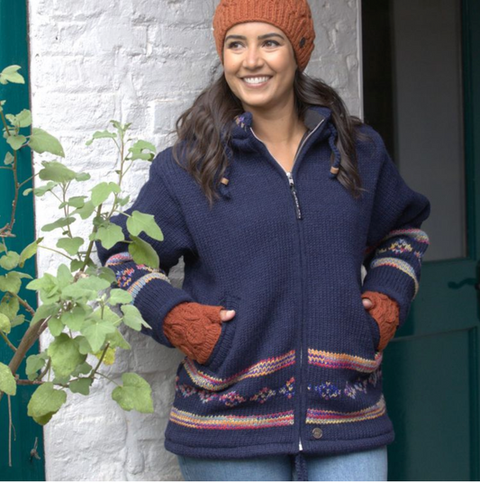 Yak Thick Wool Fleece Lined Jacket Hoody Blue - Detachable Hood